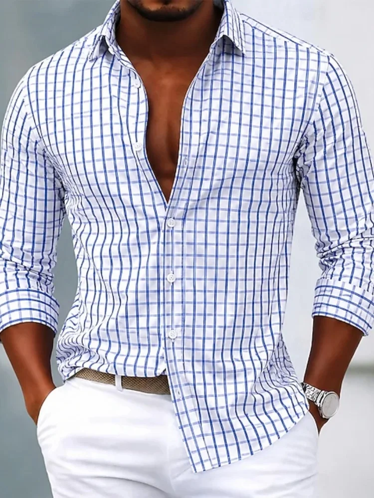 Men's blue and white fine plaid long sleeved shirt with simple plaid collar for business, leisure, daily commuting, men's top