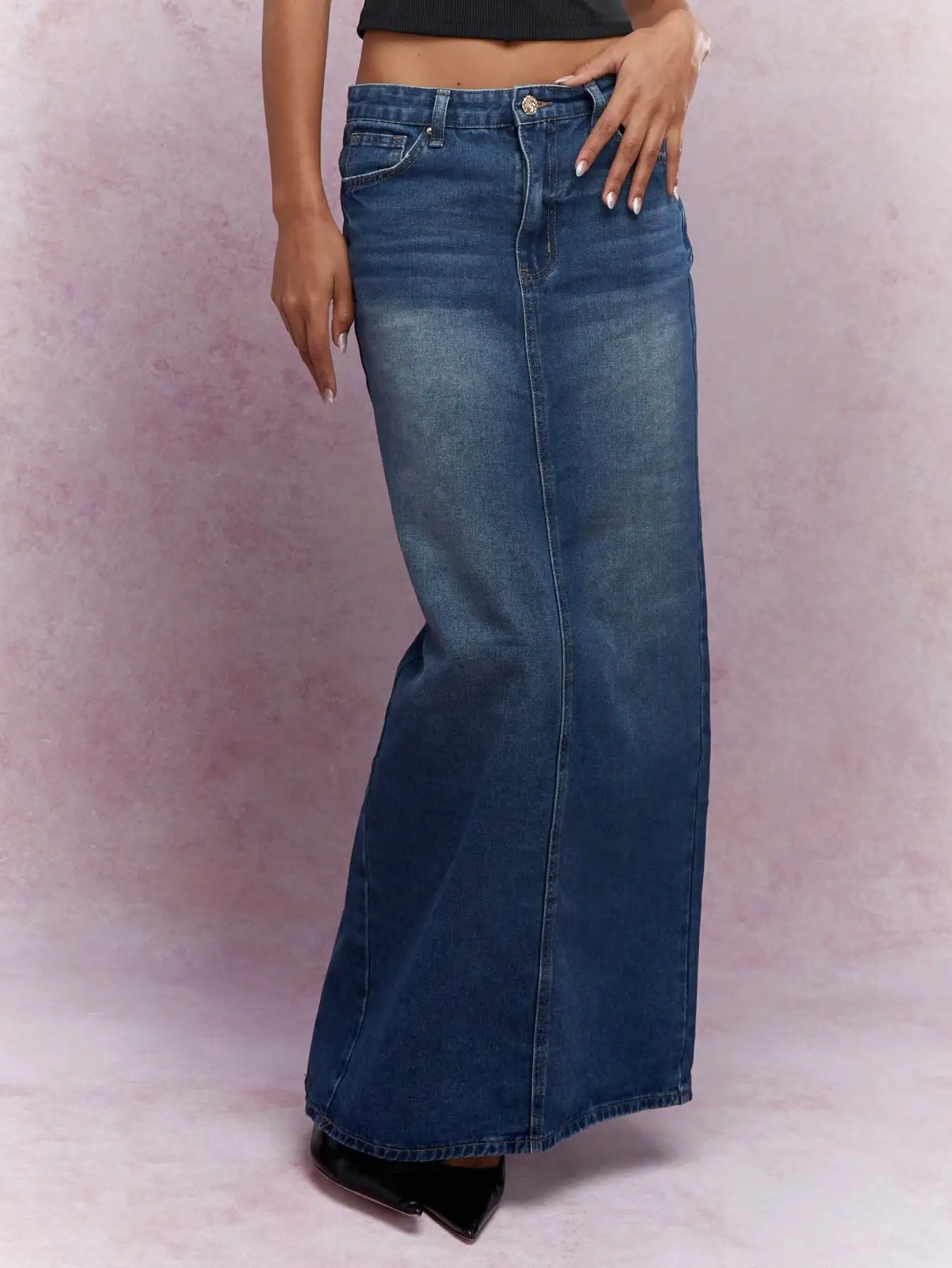 

Washed Denim Maxi Skirt with Back Slit and High Waist