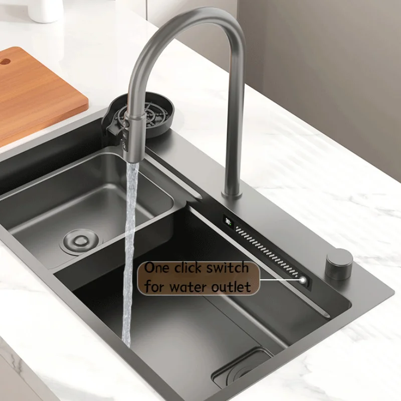 New Waterfall Kitchen Sink Multifunction Stainless Steel Large Single Slot with Digital Display Cup Washer Kitchen Accessories