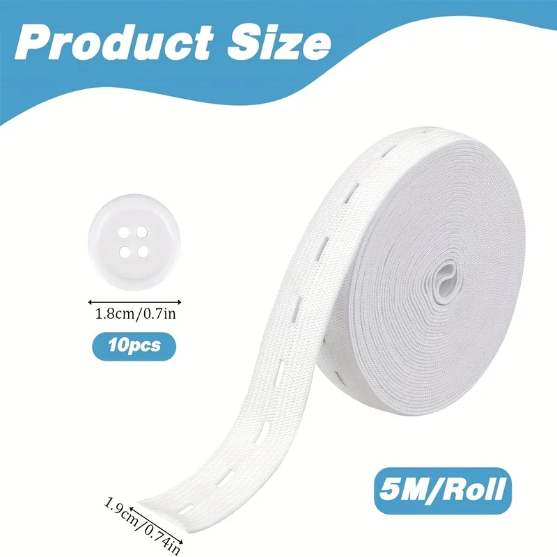 3/4 Inch Elastic Sewing Band, Black & White, High Elastic Knit Waistband with 10pcs 18mm Buttons for DIY Sewing & Household Use