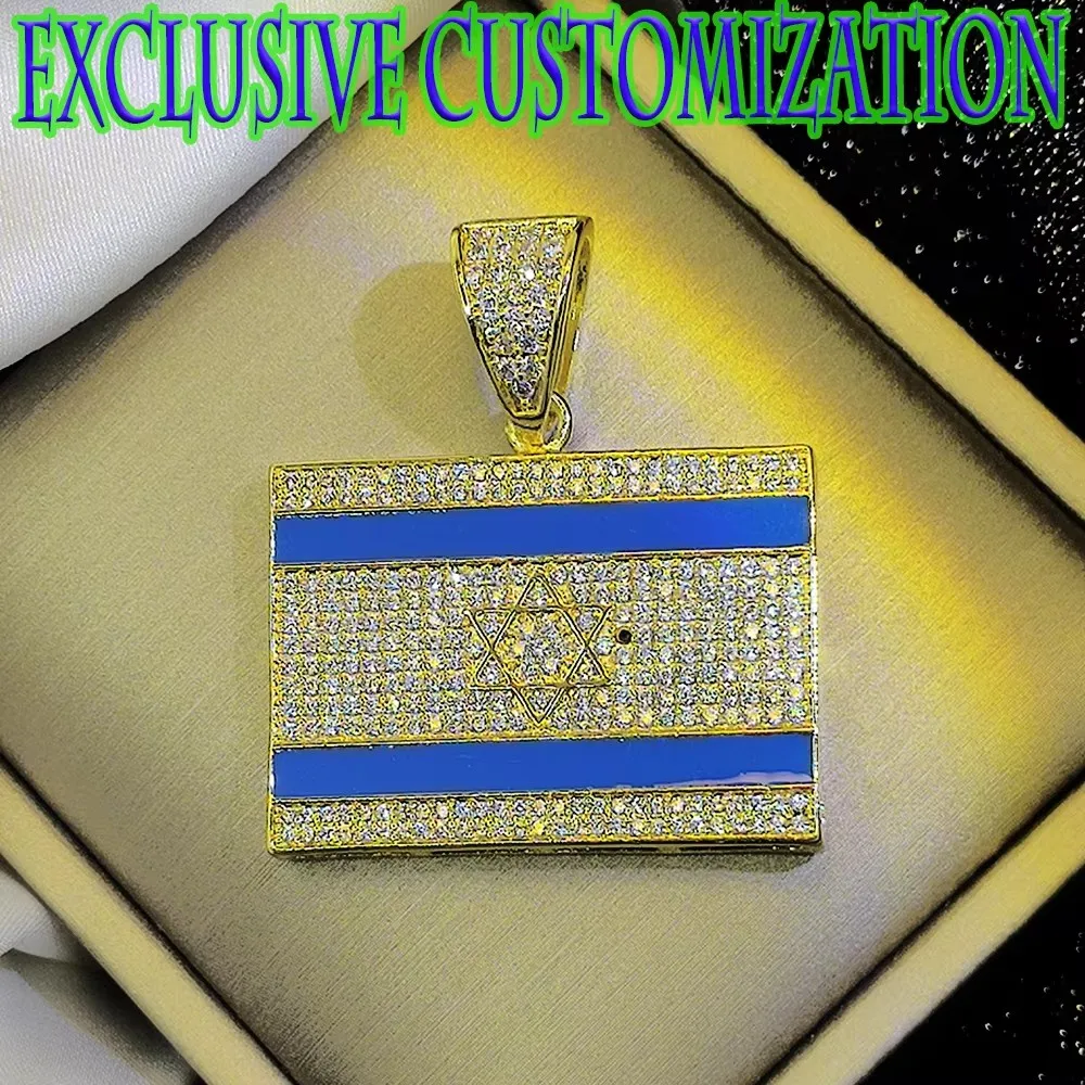 Exclusive custom trendy necklace, full diamond blue flag gold pendant, 18K gold plated fashion craftsmanship, hip-hop style