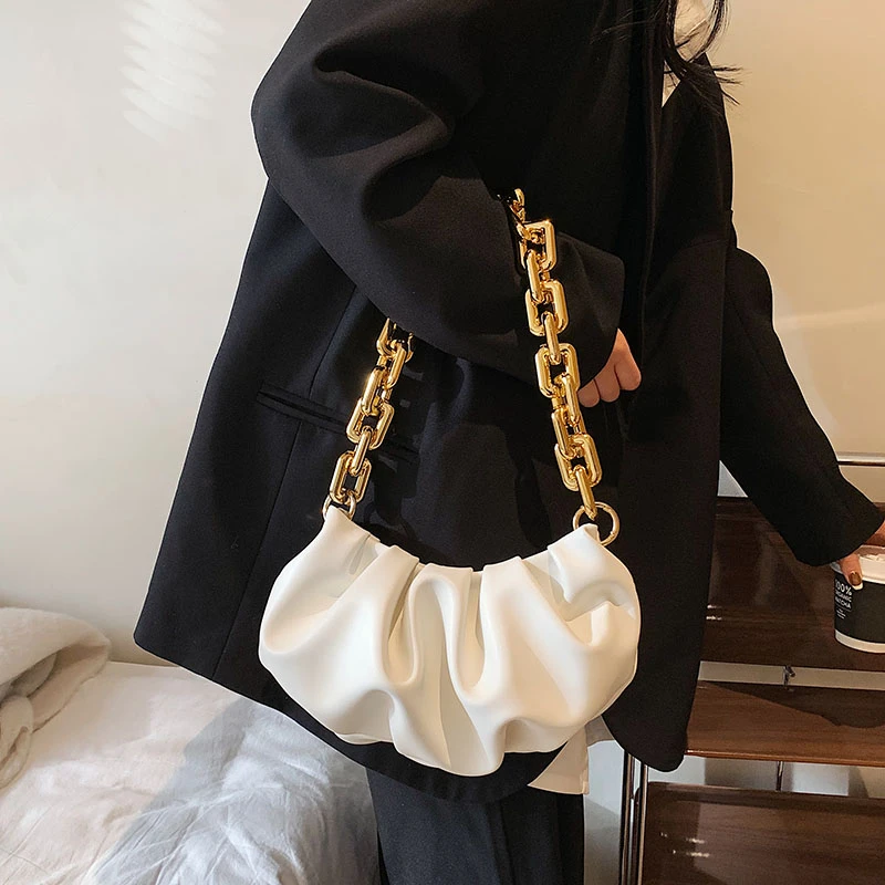 Exquisite shopping bag retro casual lady handbag shoulder bag lady genuine leather solid color metal chain tote bag pleated bag