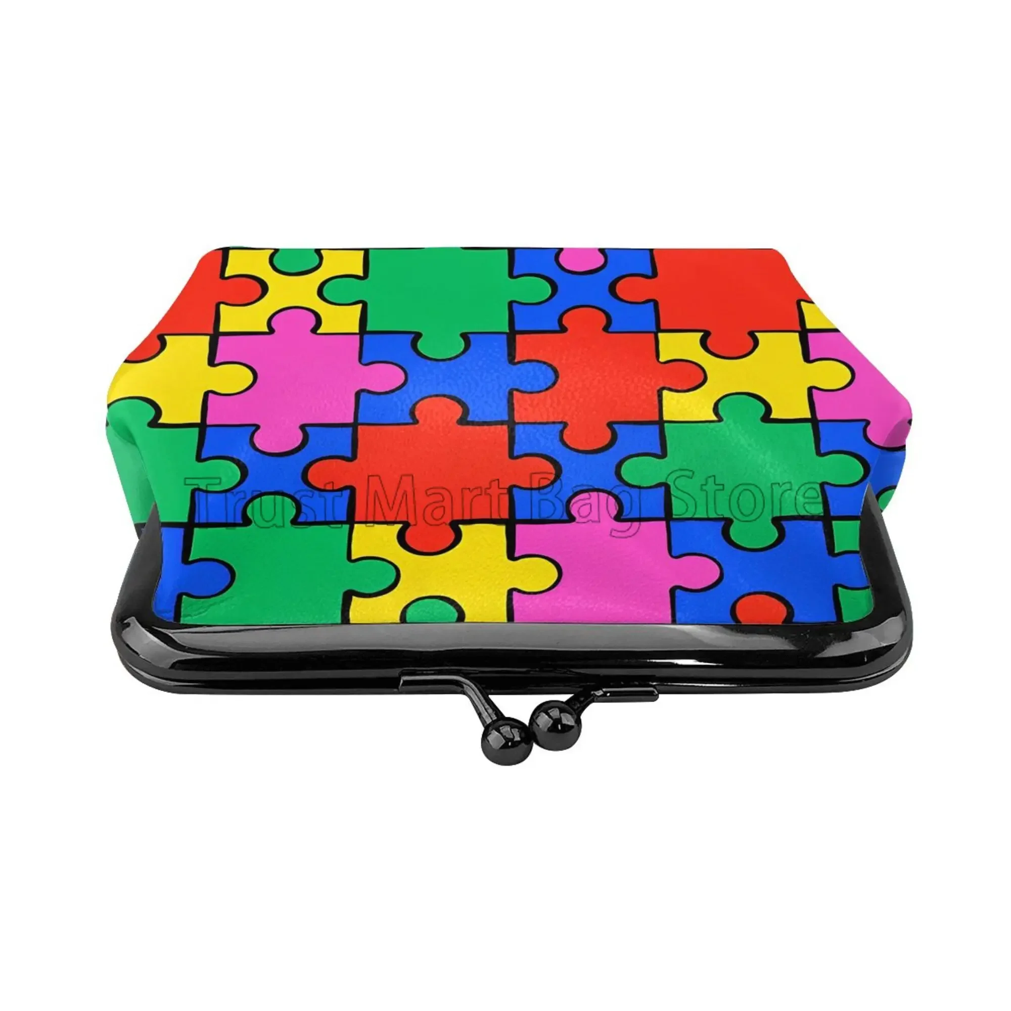 Autism Awareness Puzzle Piece Mini Leather Coin Purse for Women Small Change Pouch with Kiss-Lock Clasp Closure Buckle Wallet