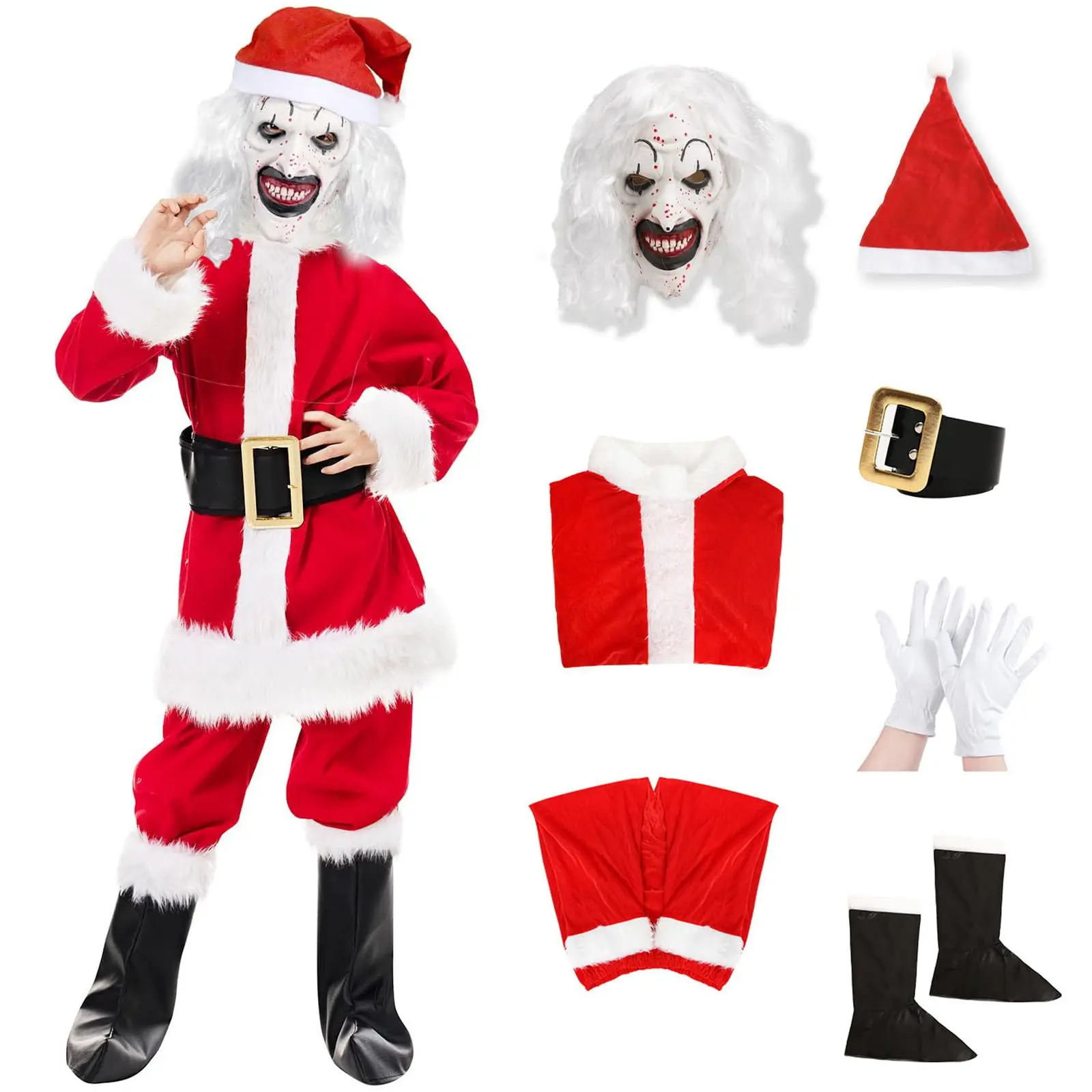 

Art the Clown Costume Boys Girls Killer Clown Mask Christmas Santa Costume Fun Halloween Outfit Creepy Cosplay Uniform