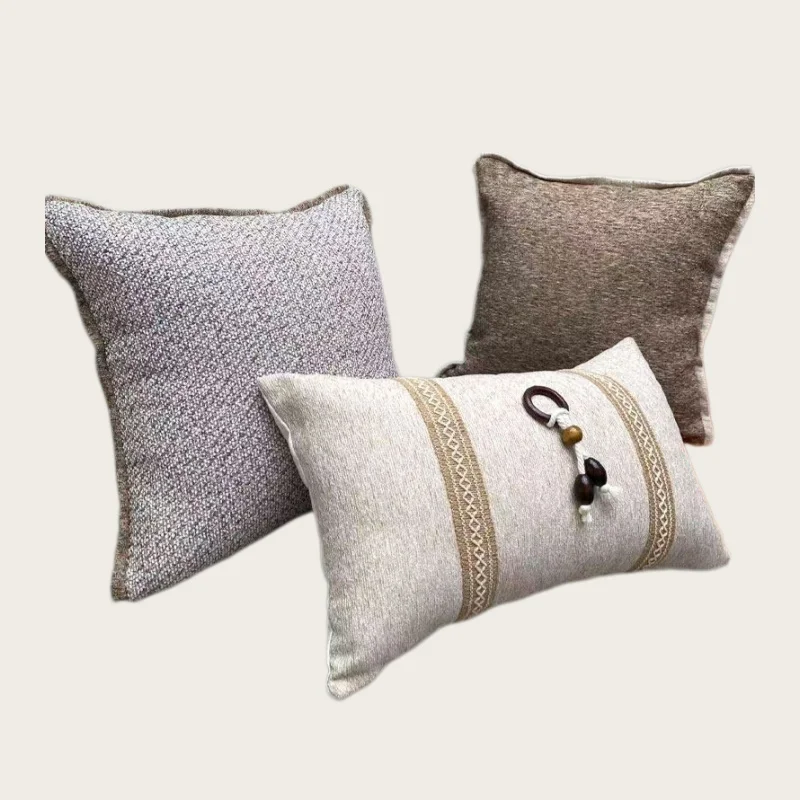 Modern Light Coffee Khaki / Light Gray Pillowcase Striped Embroidered Cotton Linen Cushion Cover For Waist Pillow Cover Backrest