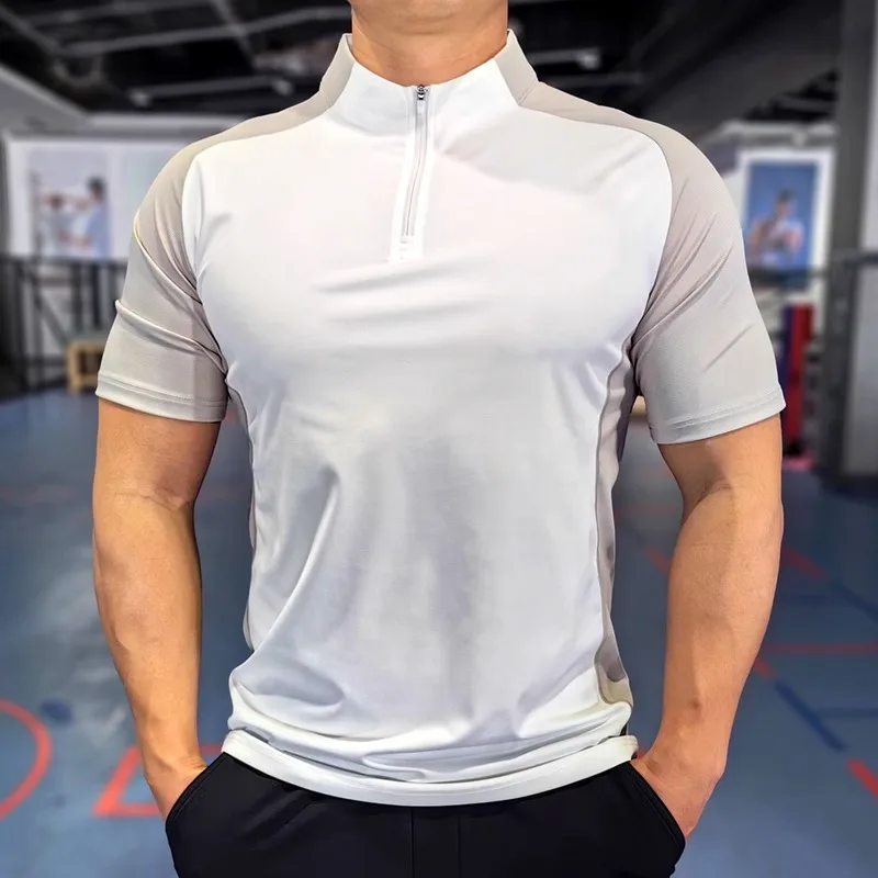 Summer Bodysuit Quick-drying Breathable Sports Gym Fitness Shirts Elastic Slim Coach Clothes Ice Silk Running Short-sleeved POLO