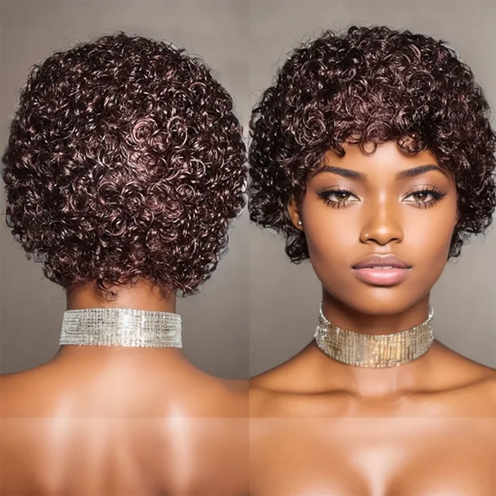 Short Curly 99J Wig For Woman 100% Human Hair Wigs Full Machine Made Pixie Curl Kinky Curly Wigs Cheap Wigs on Sale Clearance