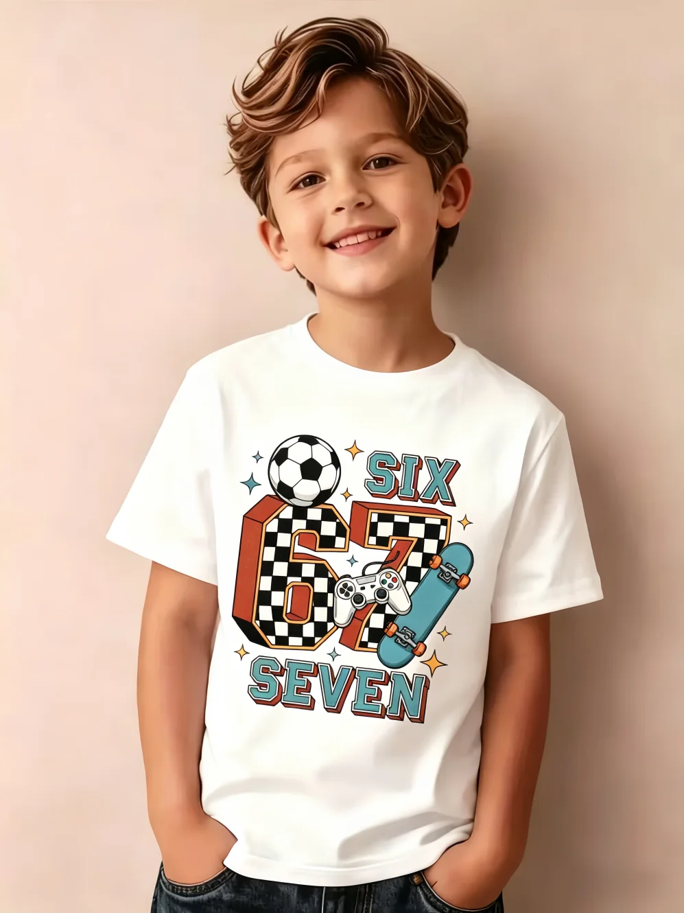 Summer Children's Clothing Fashion 67 Soccer Print Short Sleeve T-Shirt for a Boy Outdoor Street Sports O-Neck Kids Clothes Boys