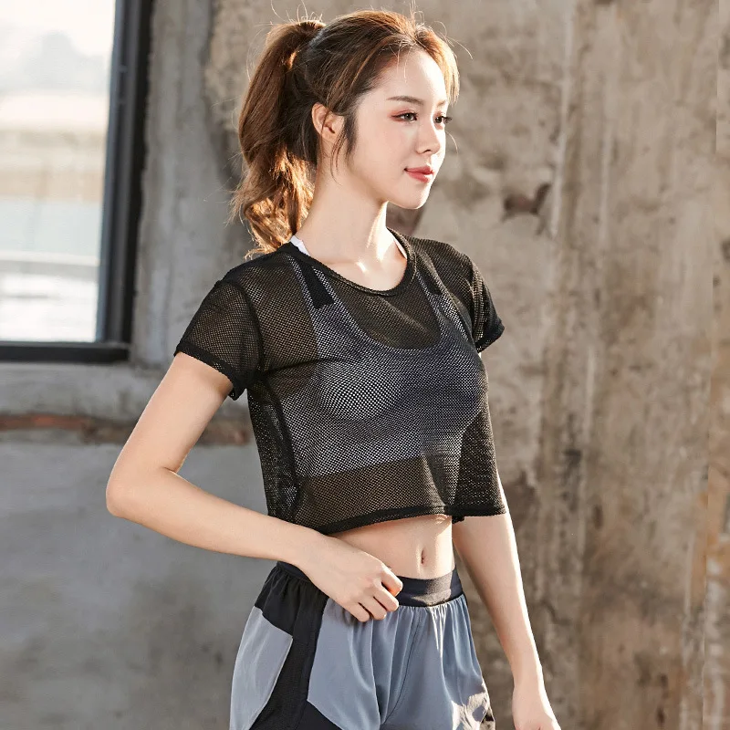 

Women's Mesh Yoga Shirt Sexy Short Sleeve T-Shirt Sport Top Blouse Cover Up Quick Dry Gym Clothes Running Fitness Sportwear