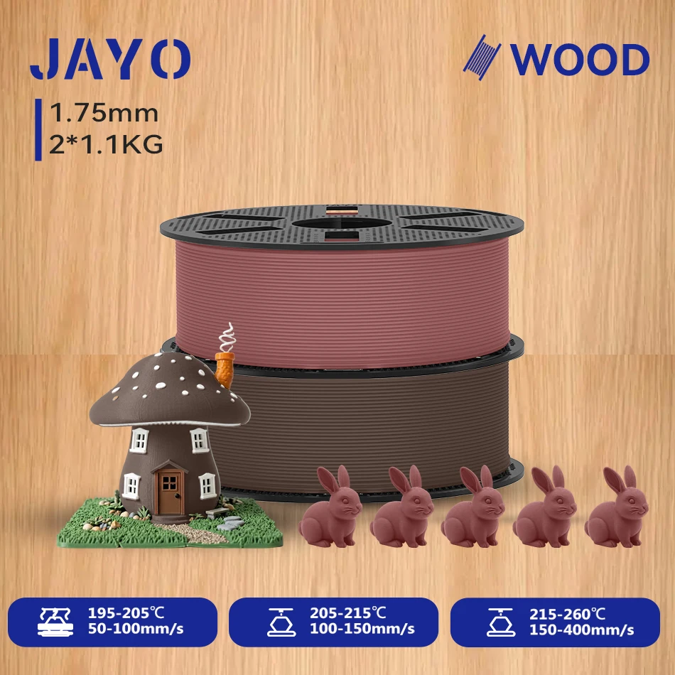 JAYO 2,2KG Holz-PLA 3D-Filament 1,75mm 1,1KG/Rolle PLA Holzstruktur 3D-Drucker-Filament 10-15% Holzfaser 3D-Druckmaterialien