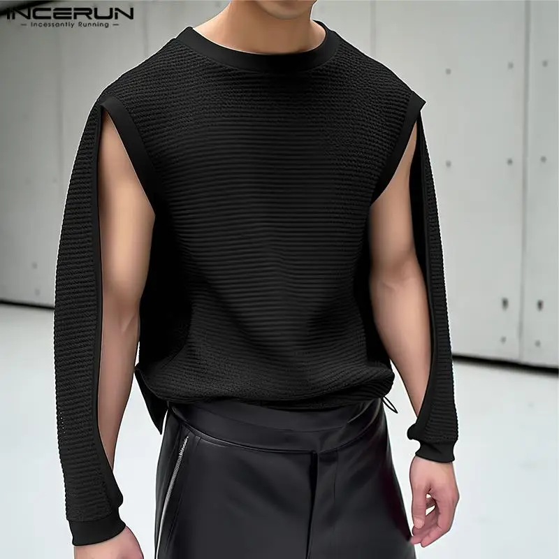 INCERUN Tops 2024 Korean Style Men\'s O-neck Hollow Sleeve Design T-shirts Casual Well Fitting Solid Long Sleeved Camiseta S-5XL