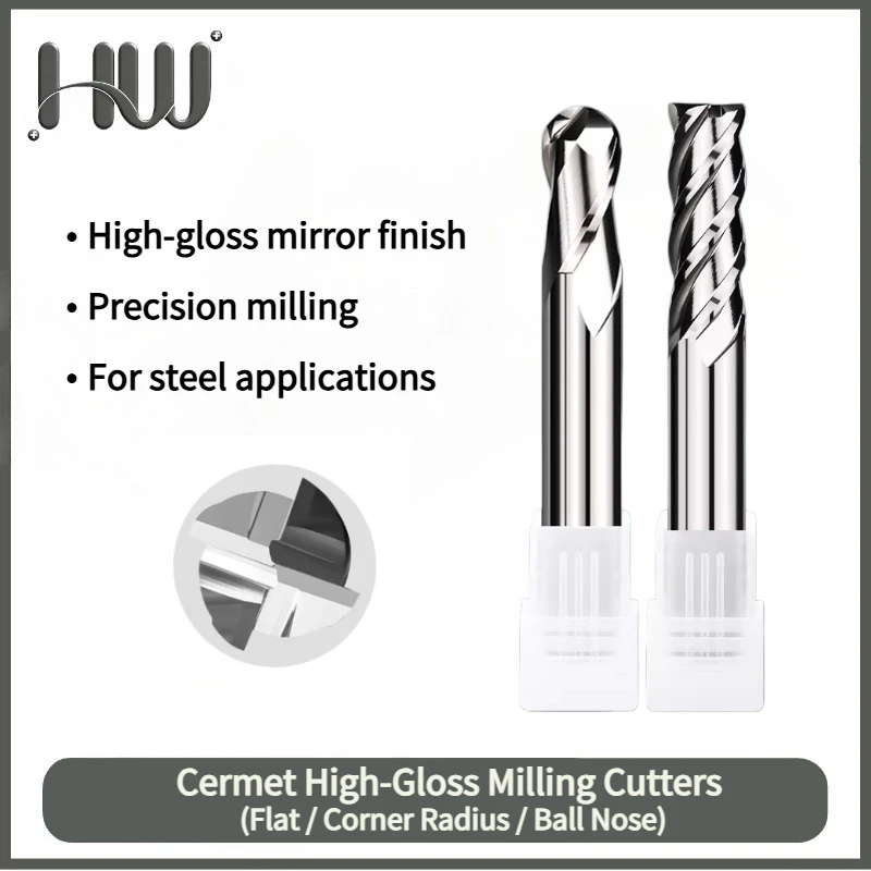 HRC75 Cermet Milling Cutter 4 Flutes Uncoated High-hardness CNC Flat/Ball Nose/Corner Radius Super Hard Metal Ceramic End Mill