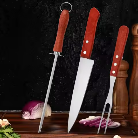 3pcs Barbecue Three Piece Set with Wooden Handle and Stainless Steel Outdoor Camping Kitchen Easy To Use Barbecue Utensil Set