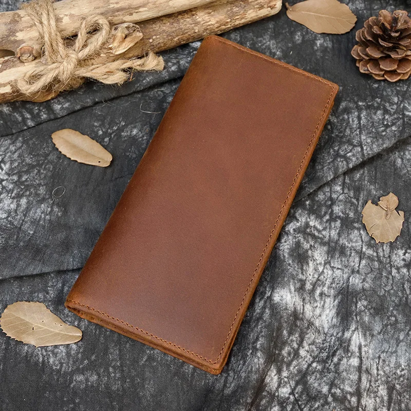 

Vintage genuine leather men wallet crazy horse leather brown bifold long wallet 11 card holder simple design men clutch purse