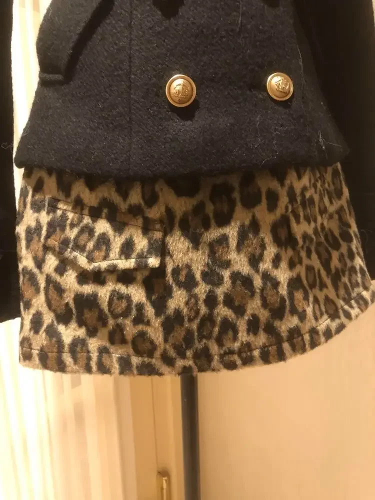 IMU Winter French Vintage Elegant Woman 2 Piece Sets Black Retro Coat+Leopard Print Design Skirt Female chic Korean Popular Clot