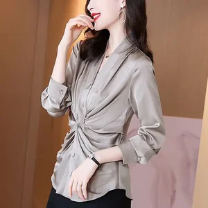 Commute Solid Color Folds Blouse Spring Fashion Slim Long Sleeve Female Clothing All-match Elegant V-Neck Button Shirt L167
