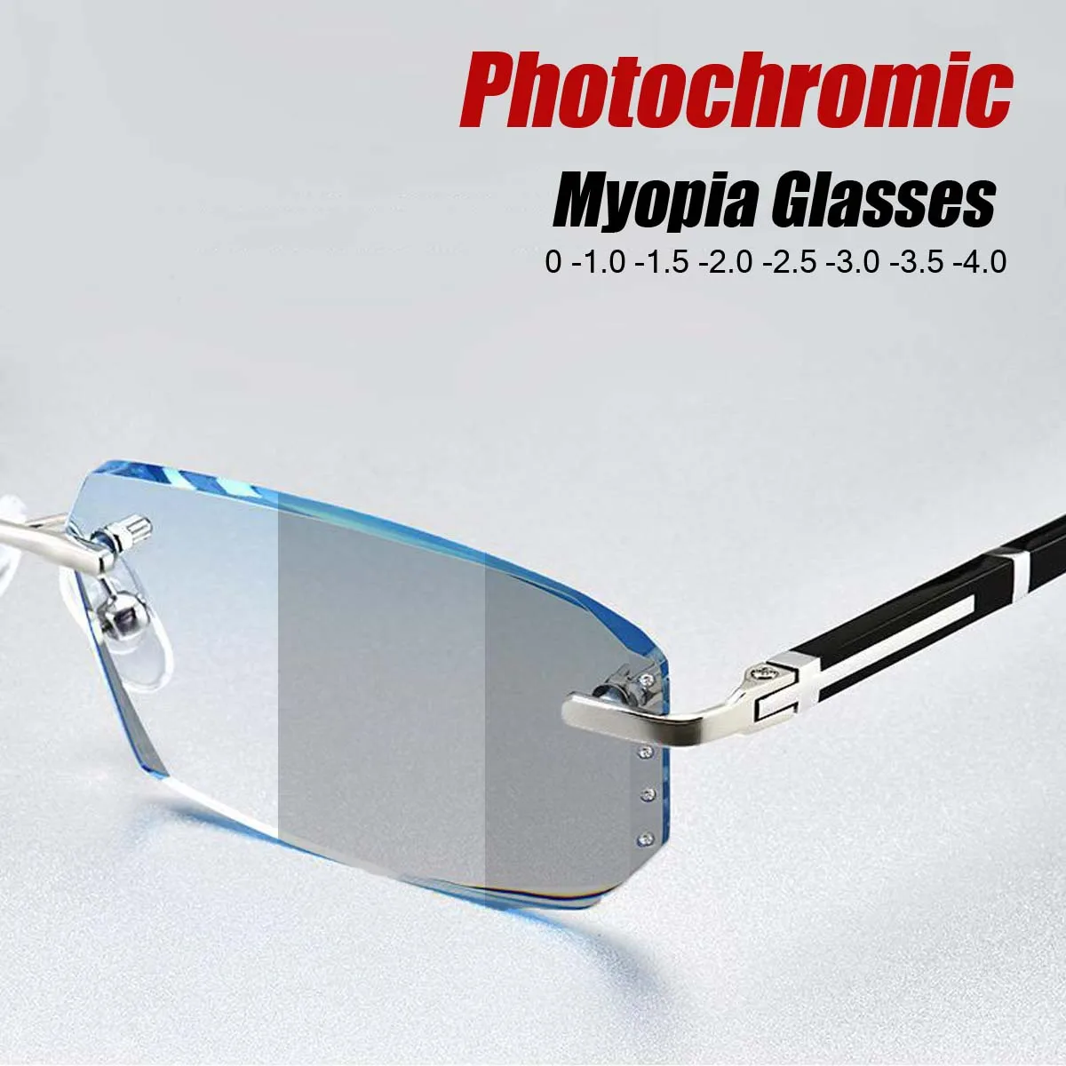 Diamond Cut Business Myopia Photochromic Glasses Rimless UV400 Men Women Luxury Eyeglasses Color Changing Diopters -1.0 To -4.0