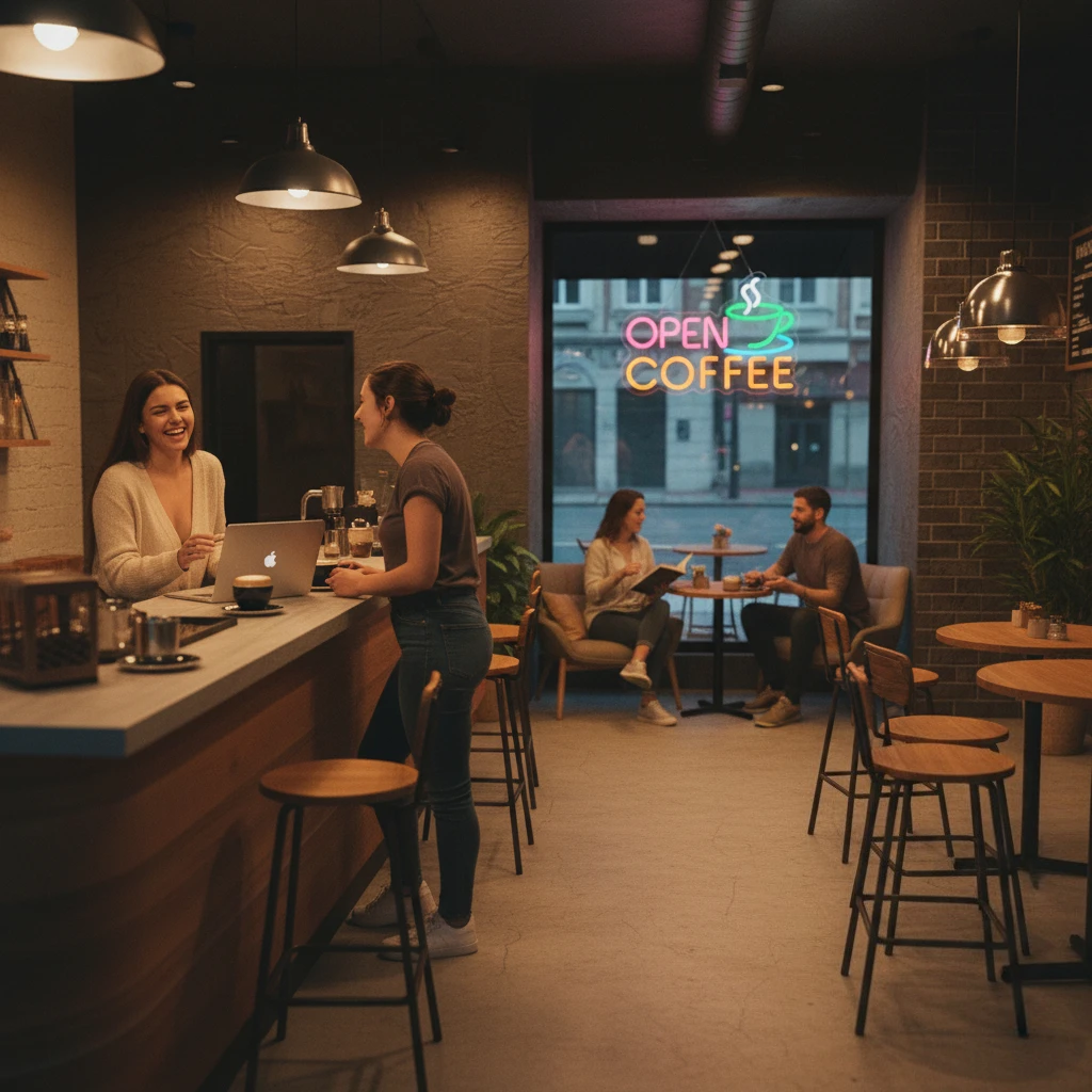 علامة القهوة النيون المفتوحة مع تصميم فنجان القهوة ثلاثي الأبعاد، ديكور حائط مثالي لتعزيز الاهتمام للمقهى والمقهى وهدايا البار