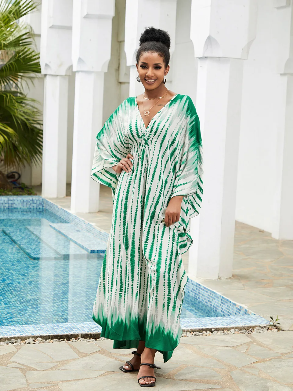 

Bohemian Green Tie-Dye Maxi Dress Kaftan Women Swim Suit Cover Up Oversized Loose Dresses 2023 Summer Bikini Beachwear Robe