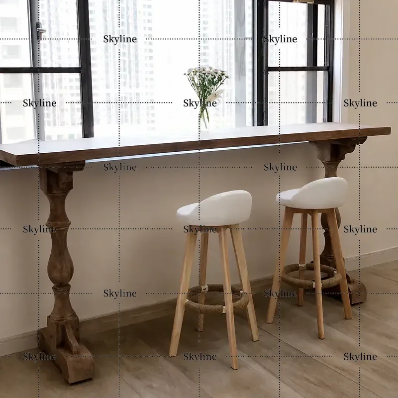 American Country Style Solid Wood Long Narrow Dining Table Bar Table for Wall Balcony Window High Table Household Furniture