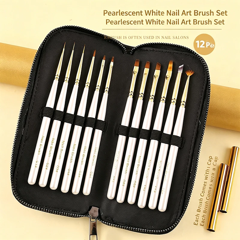 

12Pcs Pearl White Japanese Nail Art Brush Set Soft Bristle With Caps & Leather Bag UV Gel Liner Gradient Flower