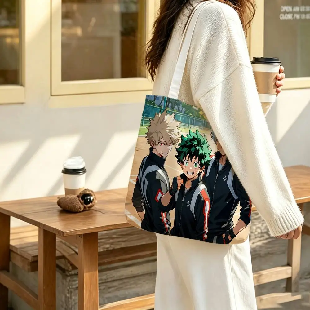 H-Hero Academia Deku Bakugo Todoroki Canvas Tote Bag Spacious Shoulder Bag with Zipper Closure and Classic for Work