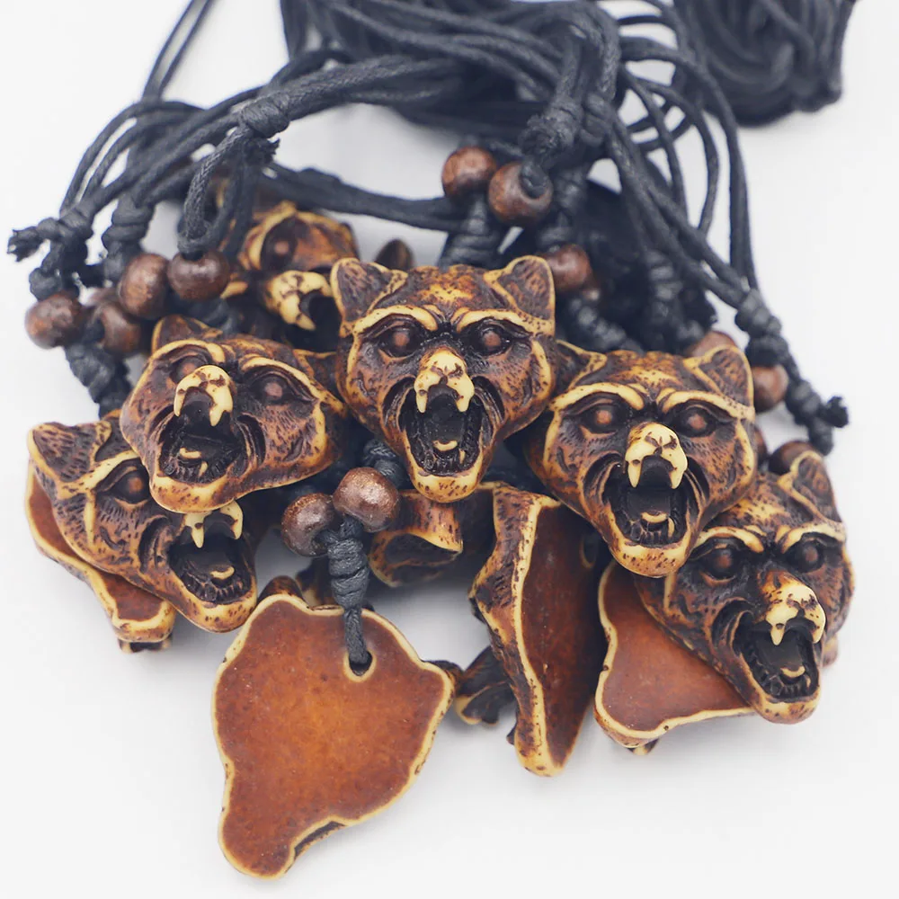 12pcs Cool Imitation Bone Carved Tooth Resin Pendants Necklace Wolf Head Amulet Adjustable Rope Women Jewelry Items Wholesale