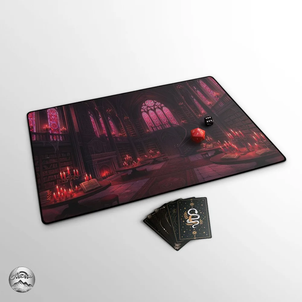 TCG Playmat: Vampire's Library, Dark Academia Mat With EDH Zones, Gothic Fantasy, Extended Play Mat, Red Bookish Vampire Themed