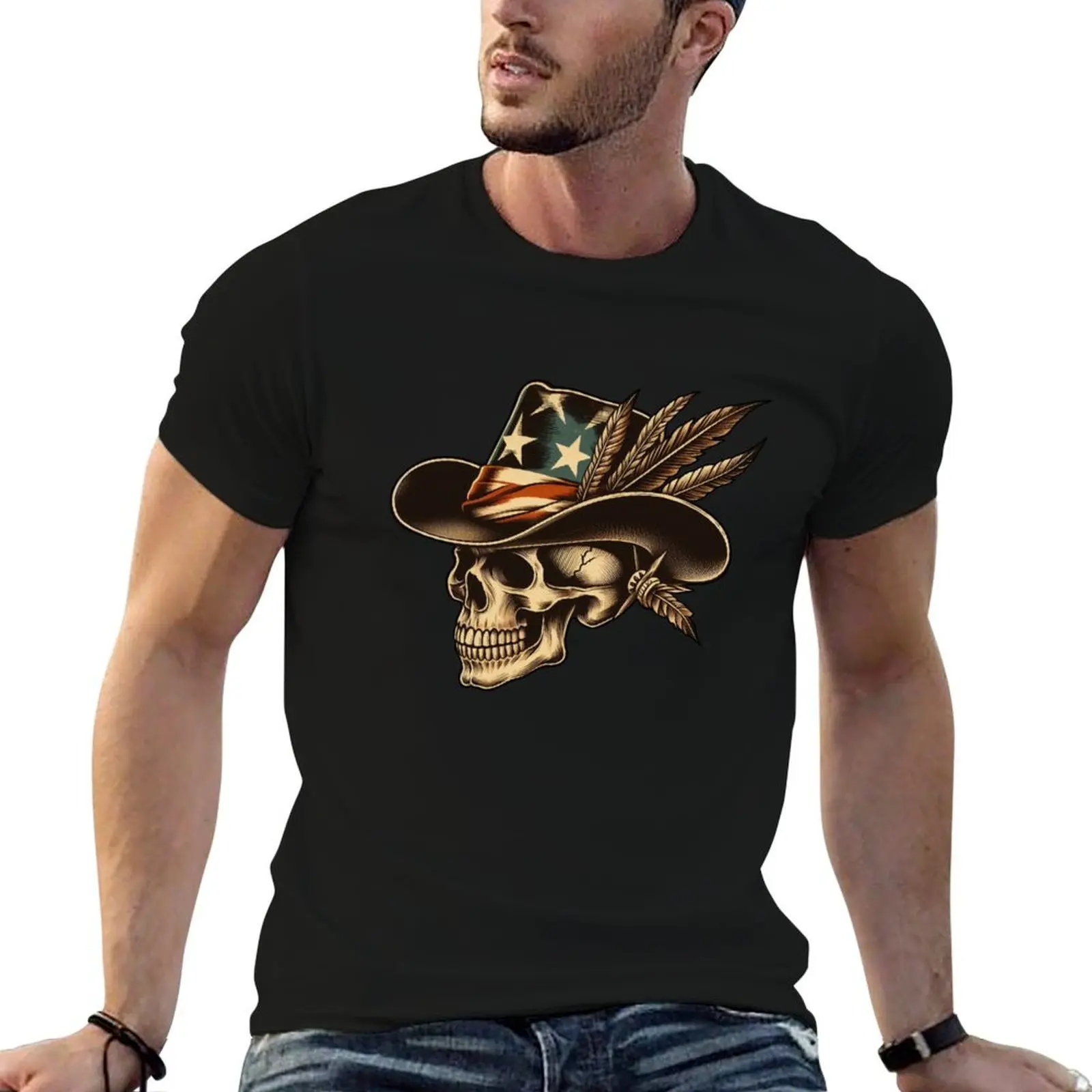 American Cowboy Skull Tattoo T-Shirt t shirts for man graphic tees man t shirts for men t shirt man designer T-shirt