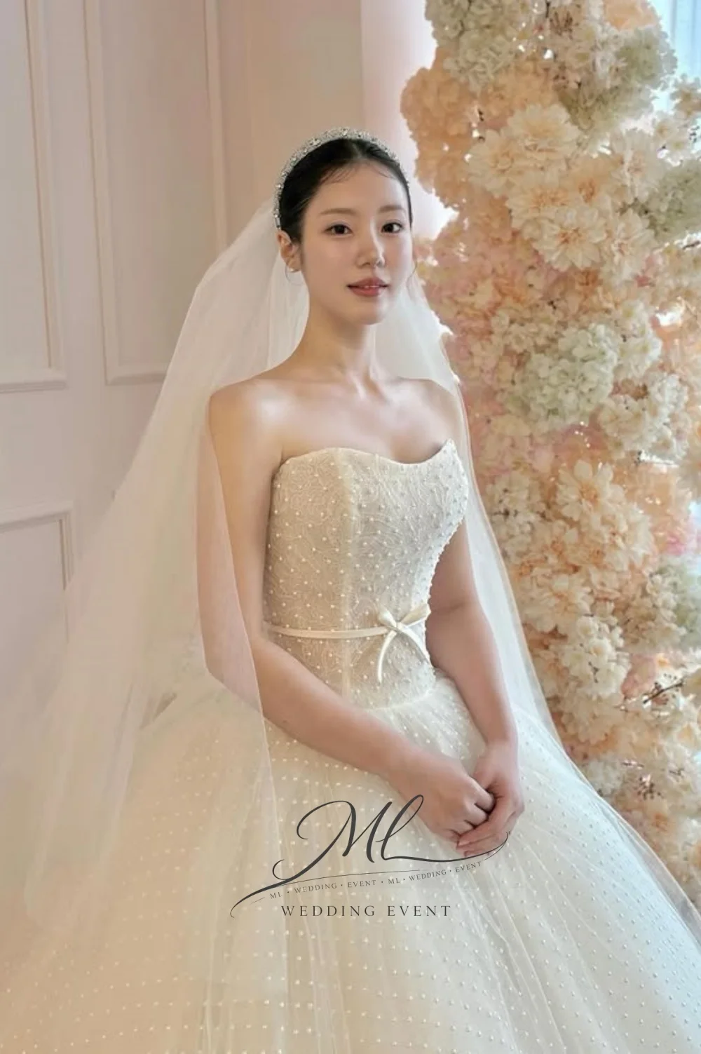 ML Graceful Bow Belt Strapless Wedding Party Dress Polka Dot Lace A-Line Korea Photo shoot Bridal Gown Custom Made New