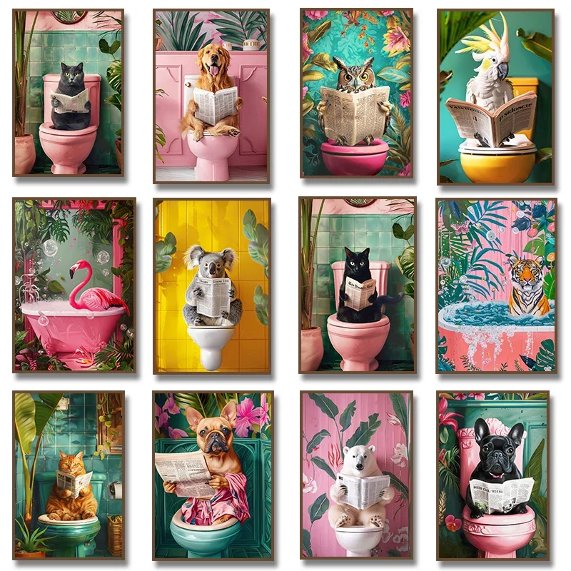 Funny Toilet Animals Black Cat Dog Flamingo Bear Tiger Reading Newspaper Poster Canvas Painting Wall Art Pictures Bathroom De
