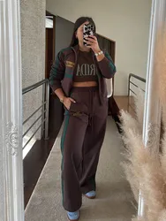 HH Spring Women Solid Turn-Down Collar Long Sleeves Zipper Lettering Hoodie+Pocket Wide Leg Pants Drawstring Velvet Suits