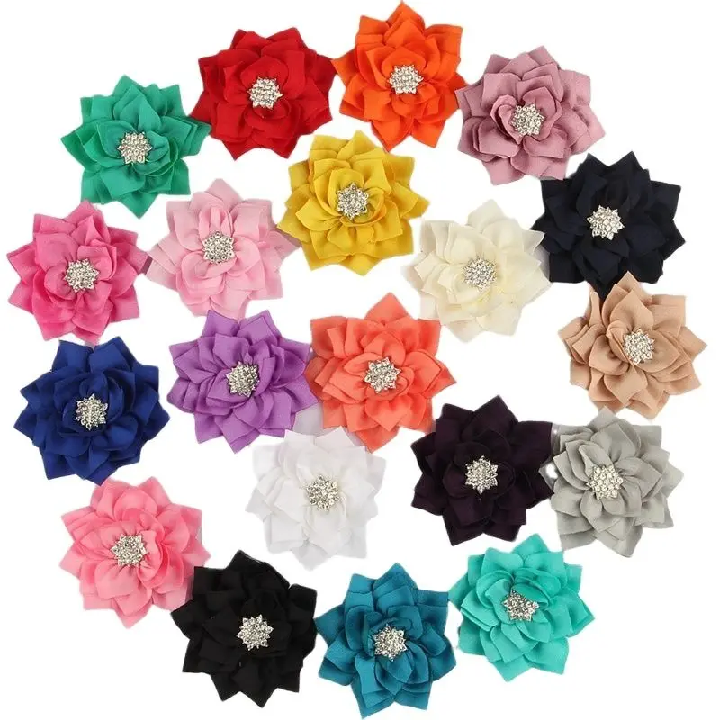 

20PCS 7.5CM 2.95" Vintage Chic Lotus Hair Flowers With Rhinestone For Hair Accessories Satin Fabric Flower For Belt Bouquet