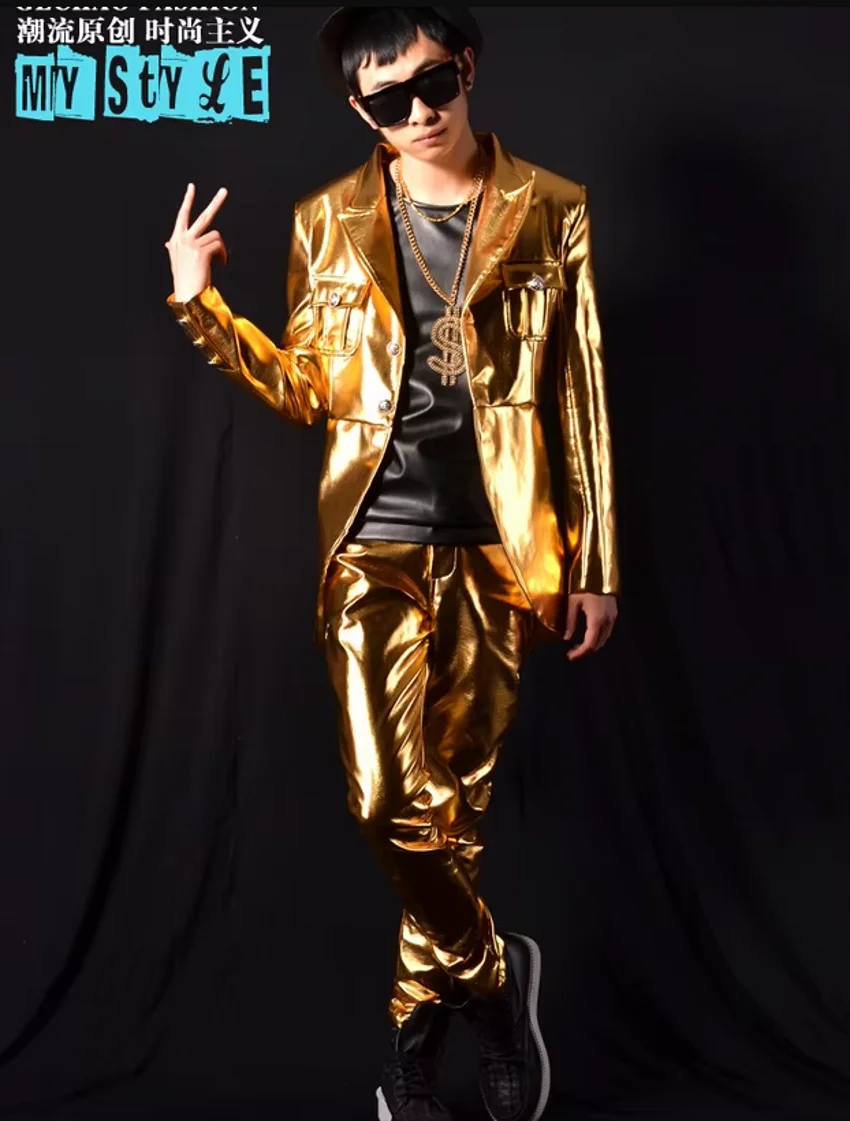 New 2025 Men\'s Slim Fashion Leather Jackets Golden Tuxedo Suit Coat Singer Costumes Formal Dress Clothing