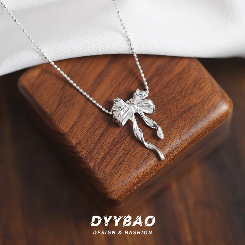 s925Sterling Silver Bow Ribbon Necklace Women's Japanese and Korean Simple Geometric Beads Clavicle Chain for Girlfriend All-Mat