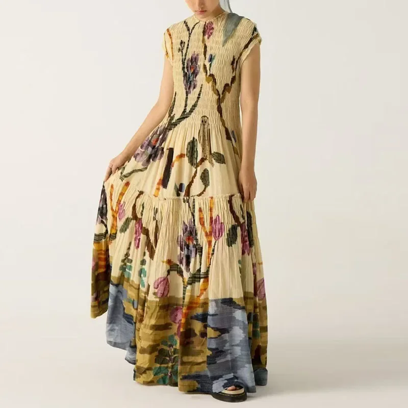 Vintage Pattern Print Long Pleated Dress Woman Spring Elegant O Neck A-Line Maxi Dresses Summer Short Sleeve Vacation Boho Dress