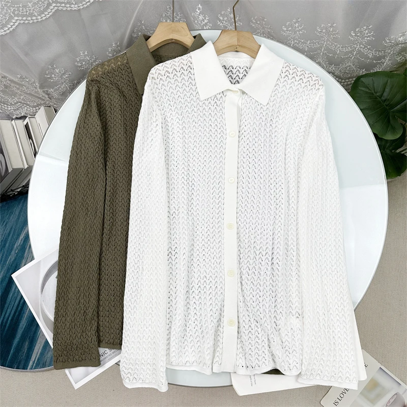 

Ультратонкий хлопковый вязаный кардиган с ажурным узором и длинными рукавами, женский, в повседневном стиле, свободного кроя, из чистого хлопка, с воротником на пуговицах