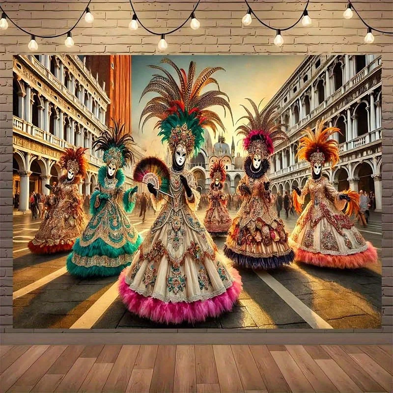 Tapiz de carnaval veneciano, bailarines enmascarados, disfraces elegantes, arte callejero de Venecia, ganchos gratis para colgar en la pared, instalación sencilla incluida
