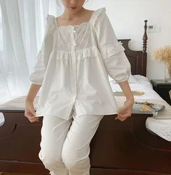 Women's Lolita Square Collar Pajama Set.Ruffles Embroidered Tops+Long Pants.Vintage Pyjamas Set.Victorian Sleepwear Loungewear