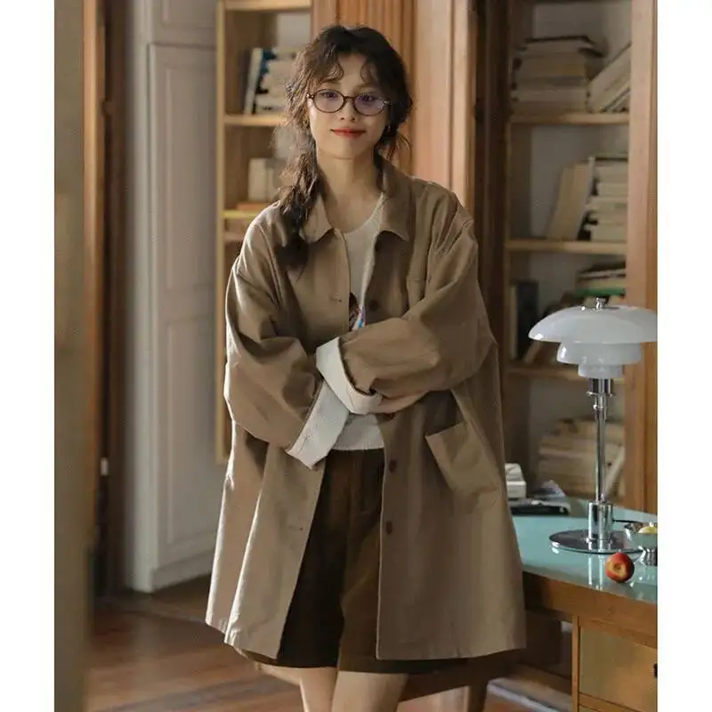 

Women Windbreak Trench 2025 Autumn Women Mid Length Coat Retro Japanese Literary Cotton Linen Single Breasted Coat