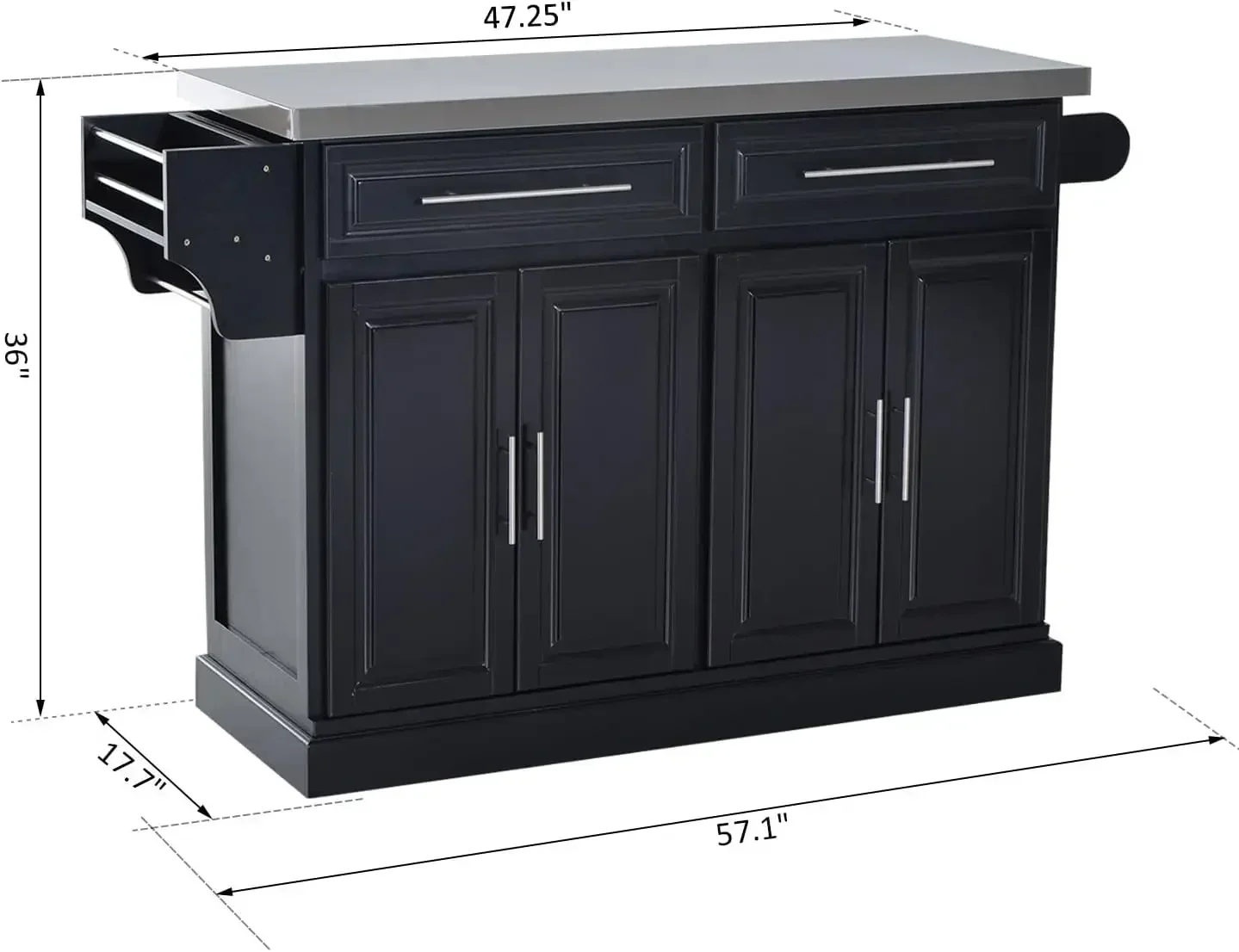 جزيرة مطبخ دوارة مع مساحة تخزين، عربة مطبخ محمولة مع سطح من الفولاذ المقاوم للصدأ، رف توابل ومنشفة، أسود، درجين