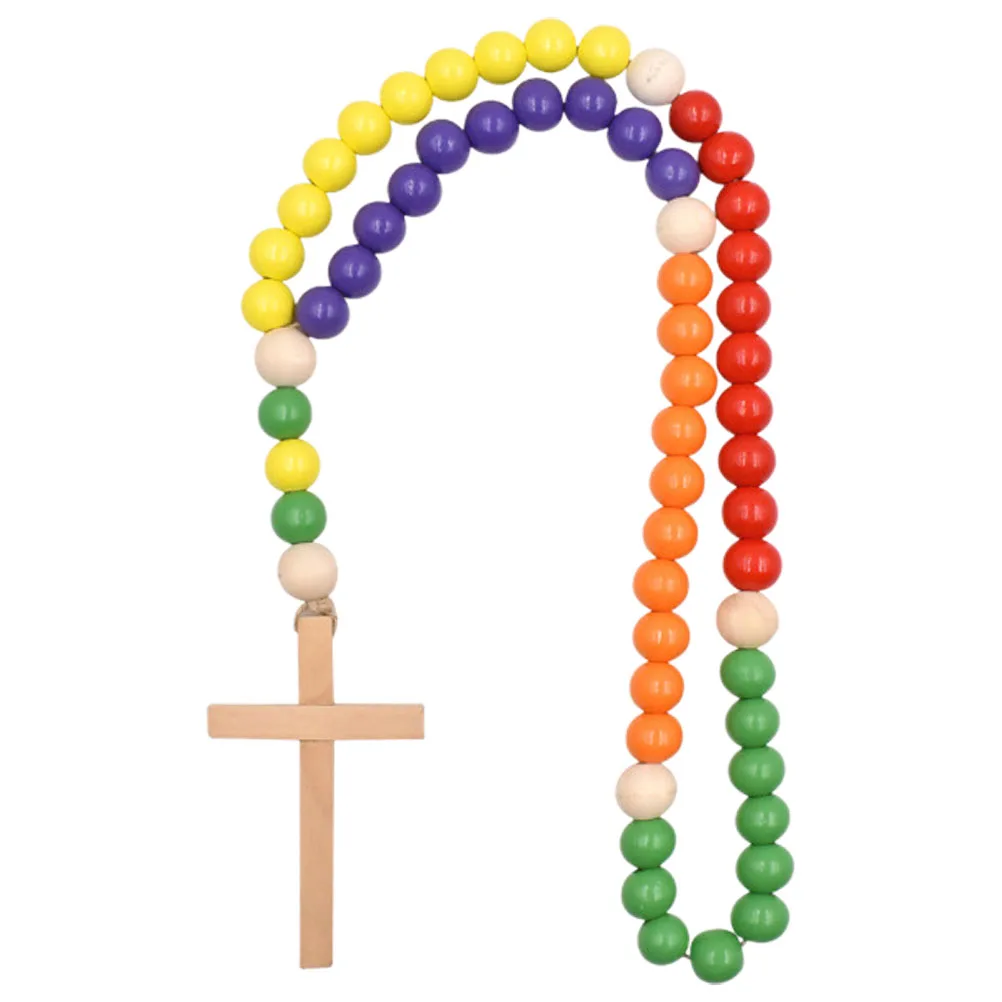 

Colorful Wooden Garland Cross Pendant Farmhouse Beads Garland Pendant Decor Balcony Garden Holiday Christmas Ornament