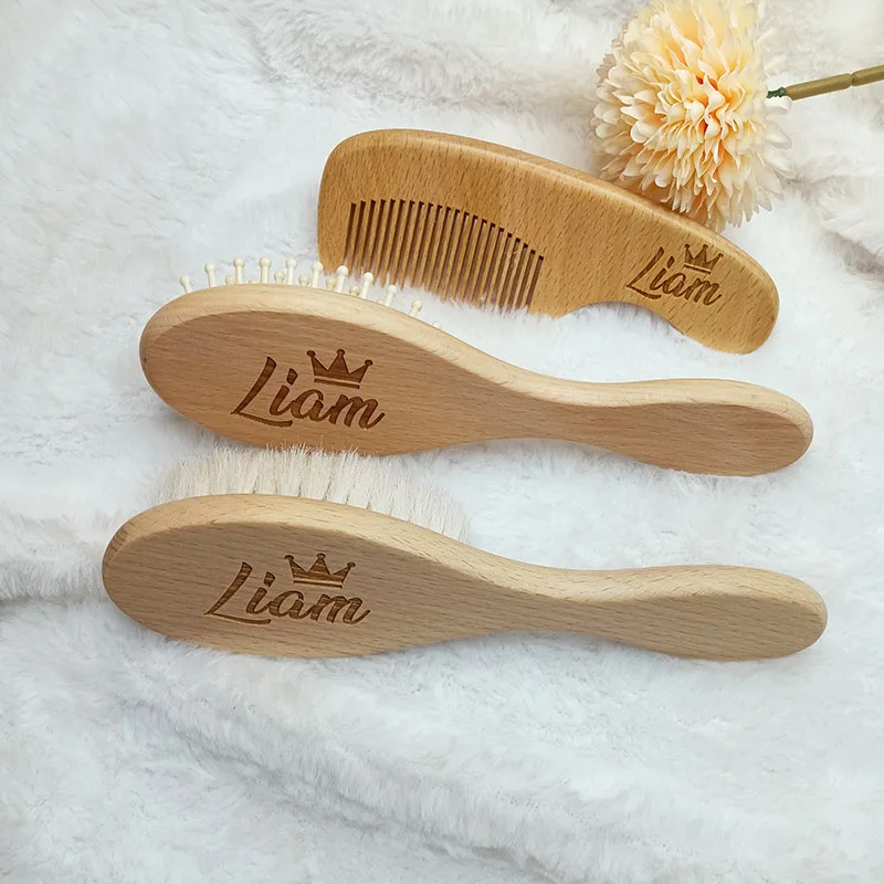 Personalized Baby Hairbrushes Soft Hair Brush Head Custom Name Wooden Newborn Hair Brush Infant Birth / Baptism Shower Gifts