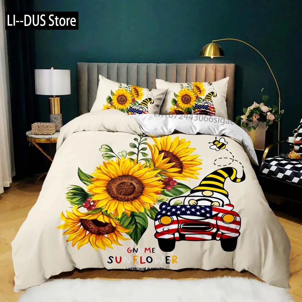 

Sunflower Duvet Cover Set Yellow Flower America's Faceless Man Drive Car Bedding Set Polyester Rustic Country Style Quilt Cover