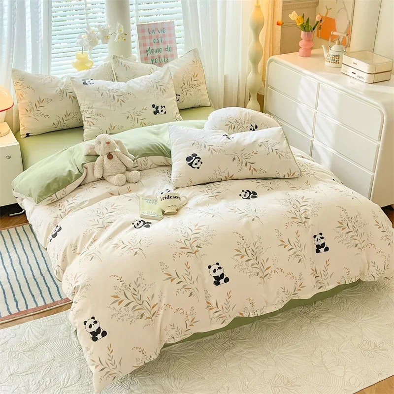 Cute Cartoon Panda Duvet Cover Botanical Leaves Bedding Set Soft Kawaii Animal Quilt Cover+Solid Color Flat Sheet + 2 Pillowcase