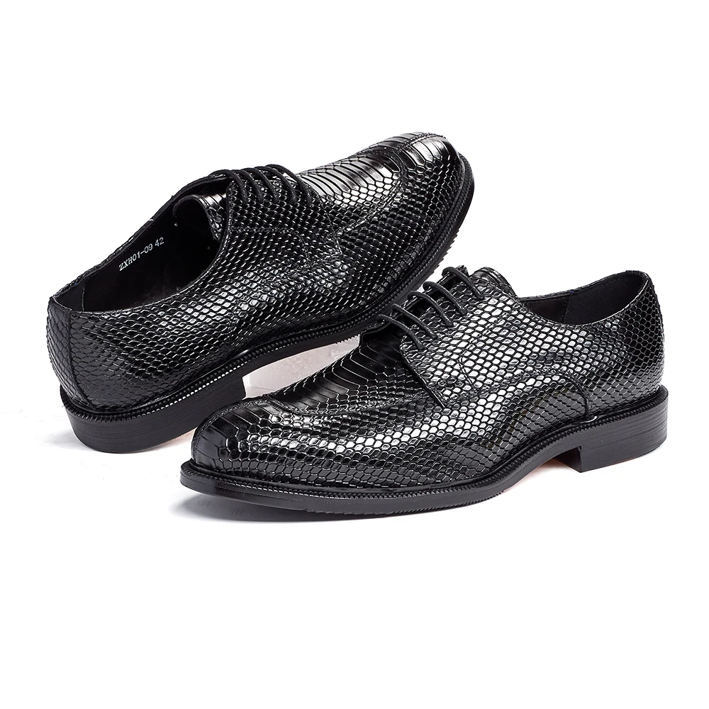 Genuine Leather Men's Snake Skin Embossed Derby Shoes Classic Design All Day Comfort Black Brown Business Formal - view 6
