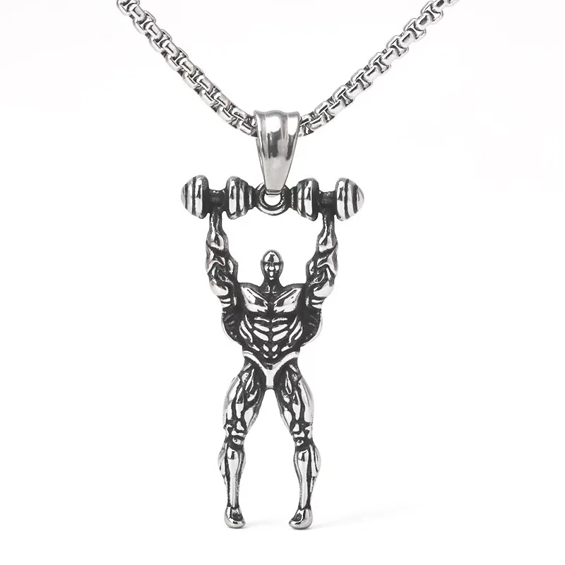 Fitness Dumbbell Muscle Men's Necklace Vintage Hip Hop Fashion Stainless Steel  Pendant Jewelry Gift