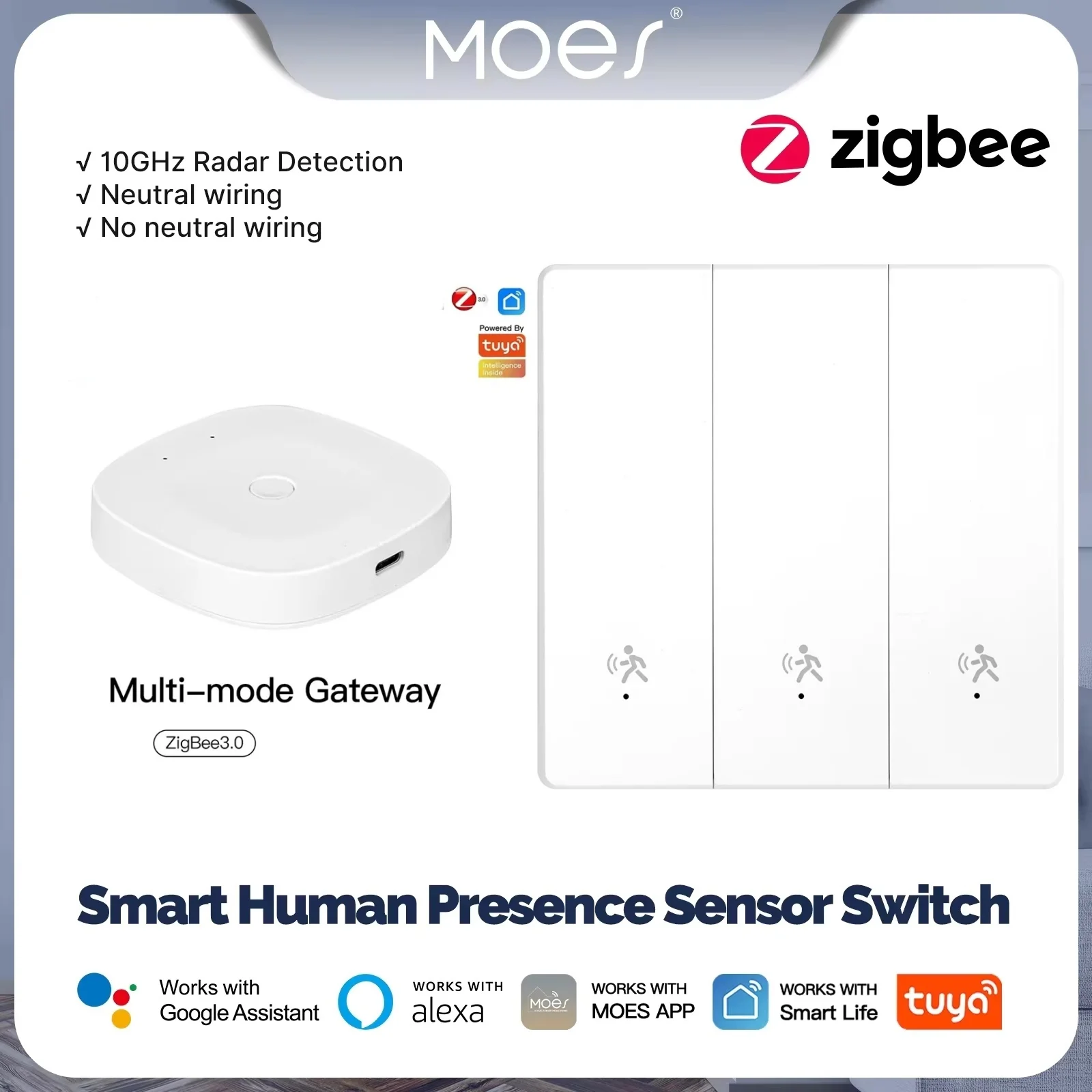

Умный датчик присутствия человека MOES Tuya Smart Life APP ZigBee 3.0 Gateway с радаром MmWave и настенным выключателем света, совместимый с Alexa и Google Home