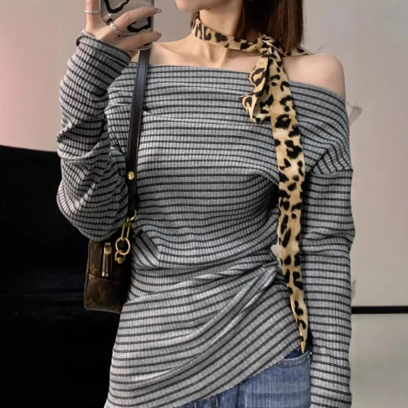 

Off-the-shoulder, Slanted Shoulder Top, Women's Waist Cinching, Thinness, Niching, Gentle and Comfortable New Long Sleeves