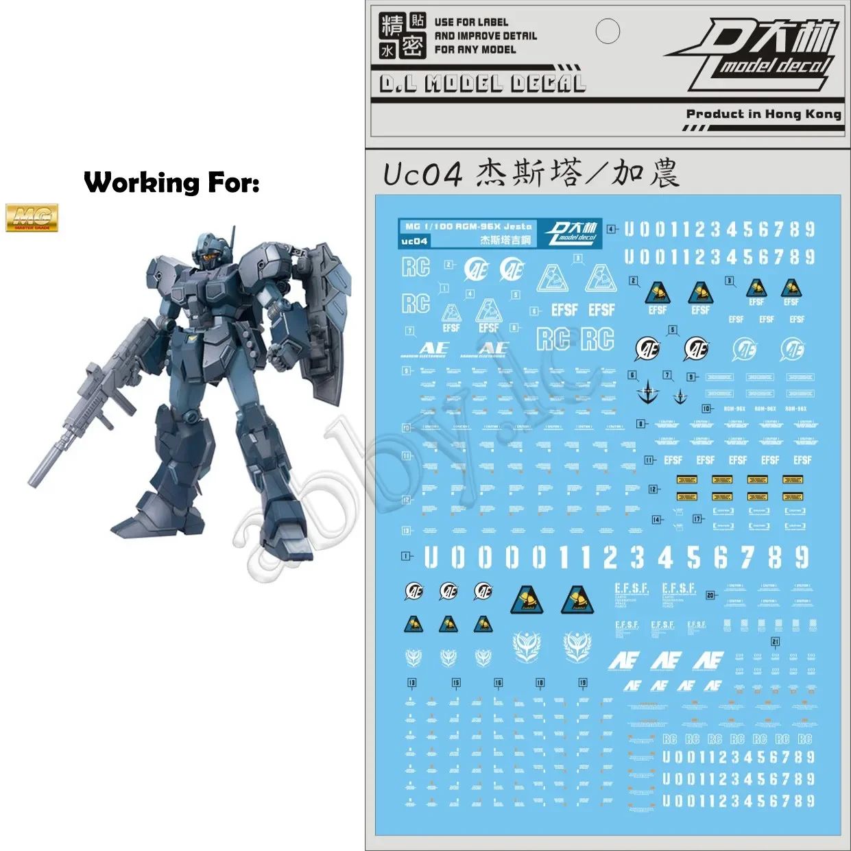 for MG 1/100 RGM-96X Jesta 1 Piece D.L Model Water Slide Pre-cut Details Caution Decal Sticker UC04 Master Grade UC 0096 Unicorn